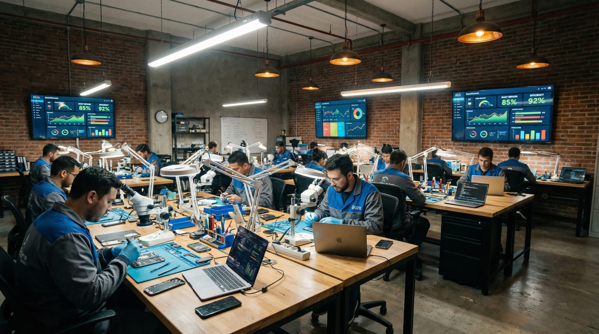 Cinematic view of a device repair workshop with workbenches and dashboard screens