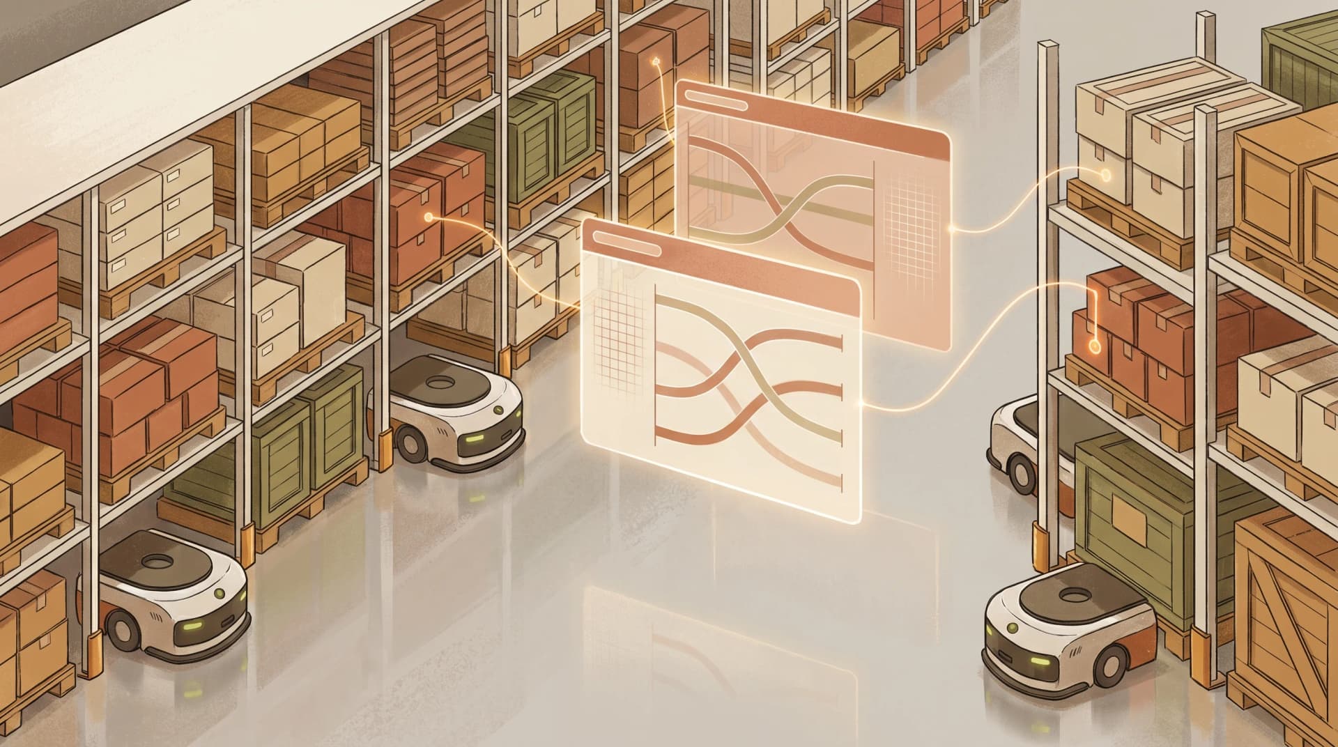 Conceptual illustration of an AI-driven manufacturing warehouse with autonomous routing, digital twin overlays, and inventory flow diagrams