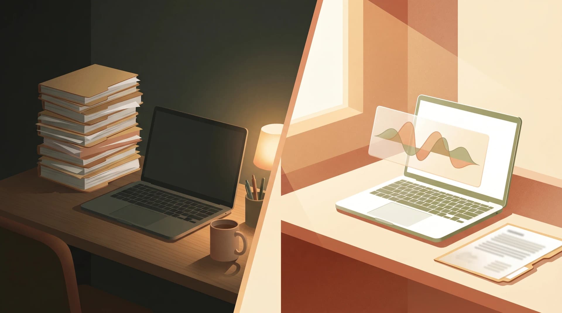 Editorial illustration contrasting a clinician finishing on time after AI-assisted documentation against the same clinician staying late under a paper backlog before the rollout