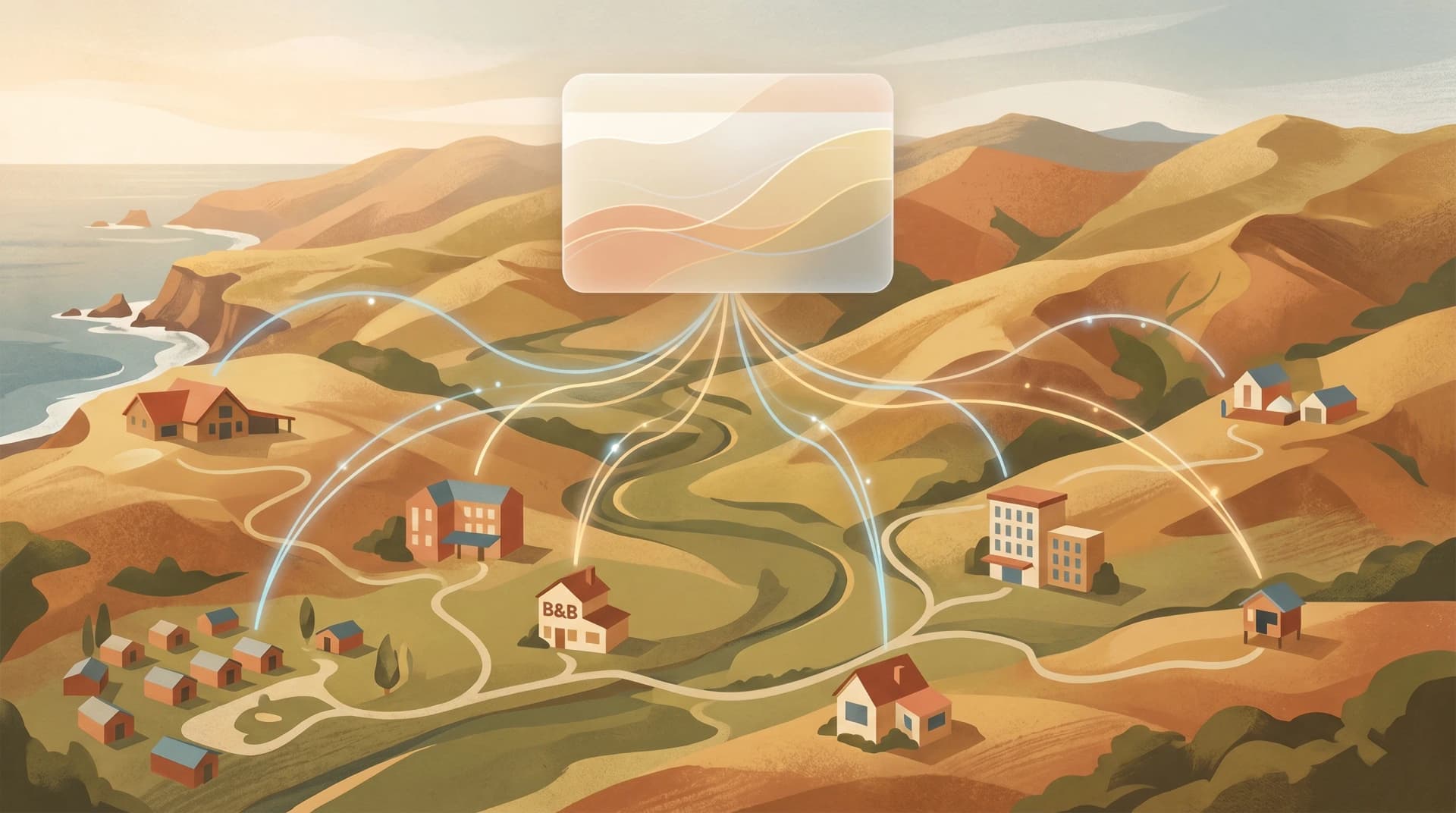 Editorial illustration depicting an AI travel assistant connecting to multiple NZ accommodation and activity providers via gentle luminous lines on a stylised map