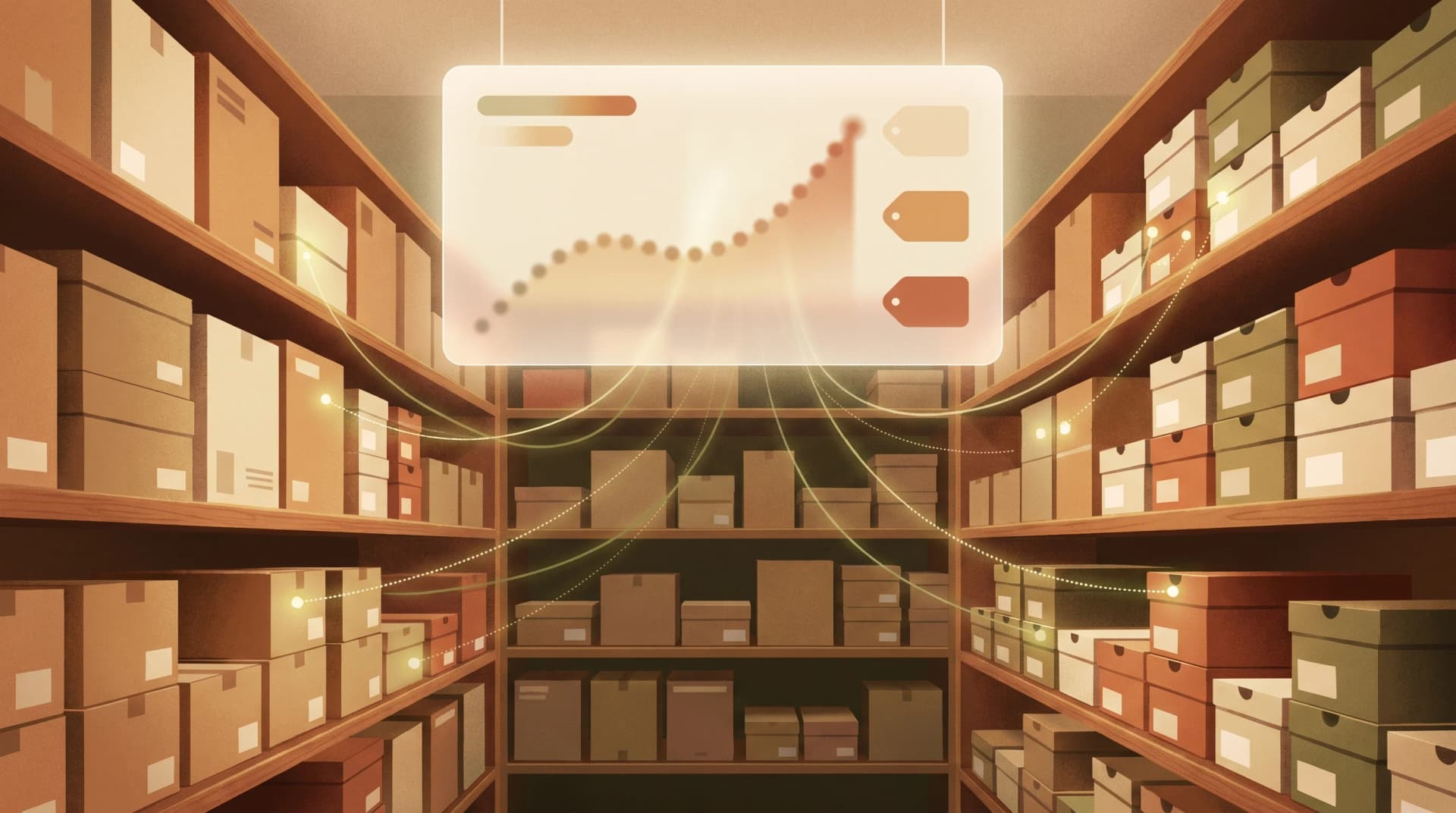 Conceptual illustration showing an AI-driven retail forecasting and pricing dashboard with shelves, stock units, and dynamic pricing tags