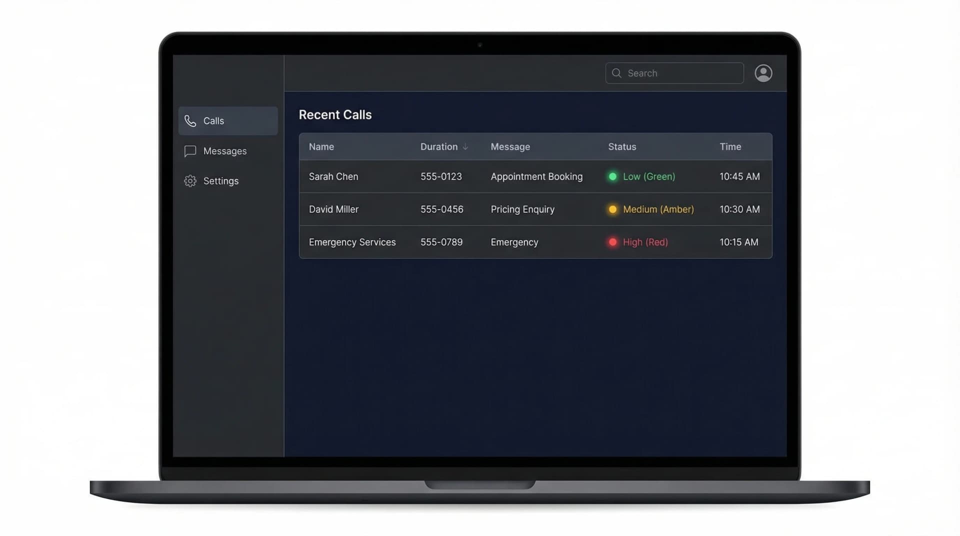 AI receptionist dashboard showing structured call data with caller details, intent classification, and urgency flags