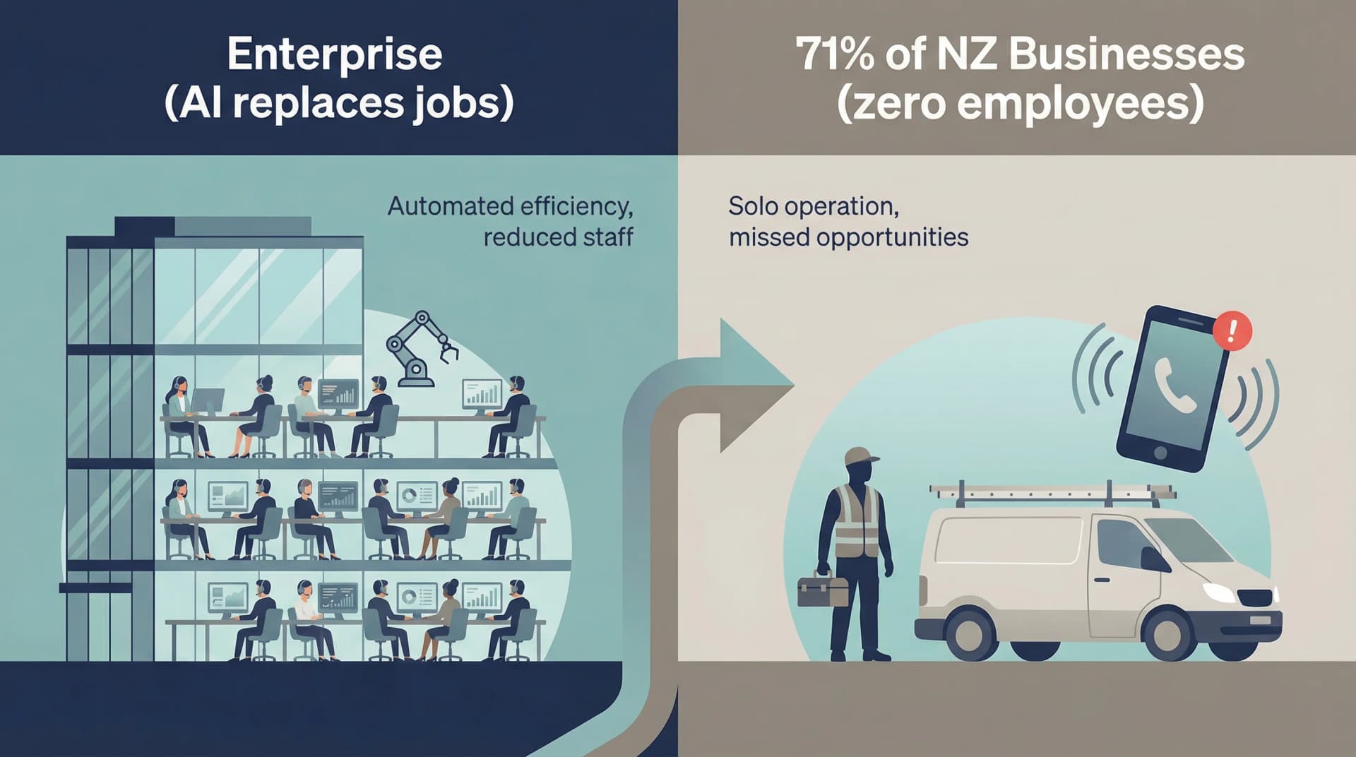 Comparison showing the AI job replacement narrative targets large enterprises, while 71% of NZ businesses have zero employees