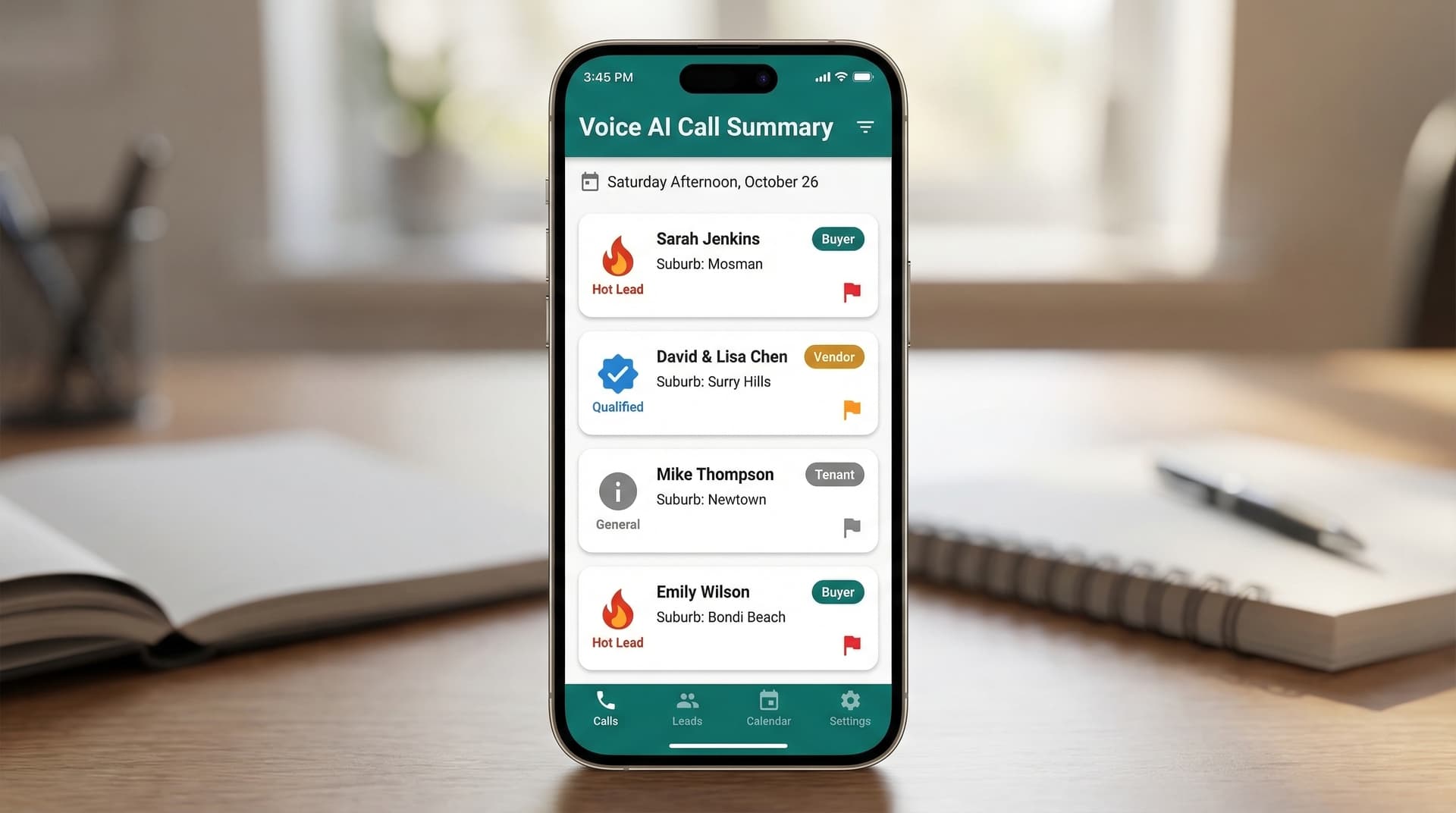 Voice AI call summary dashboard showing qualified real estate leads from an open home weekend