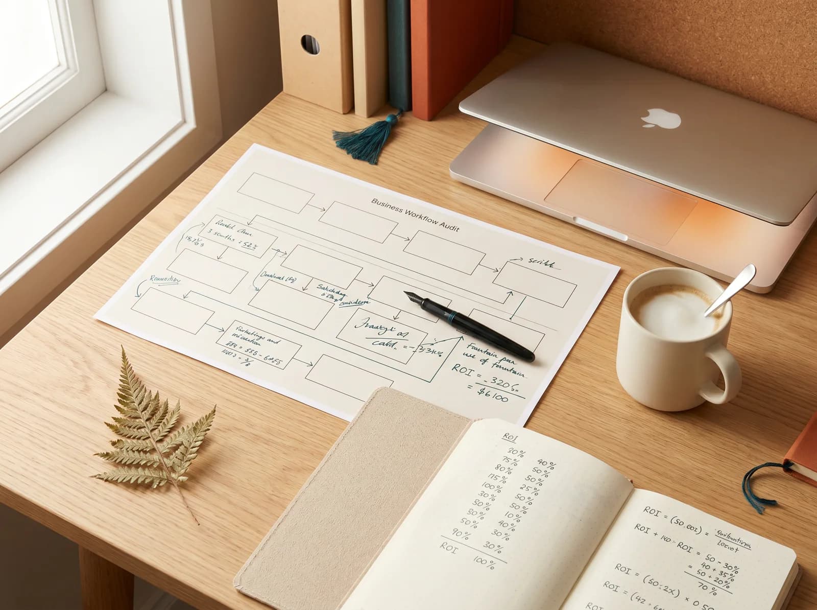 Workflow diagrams, notes, and an ROI model laid out during an AI Readiness Map
