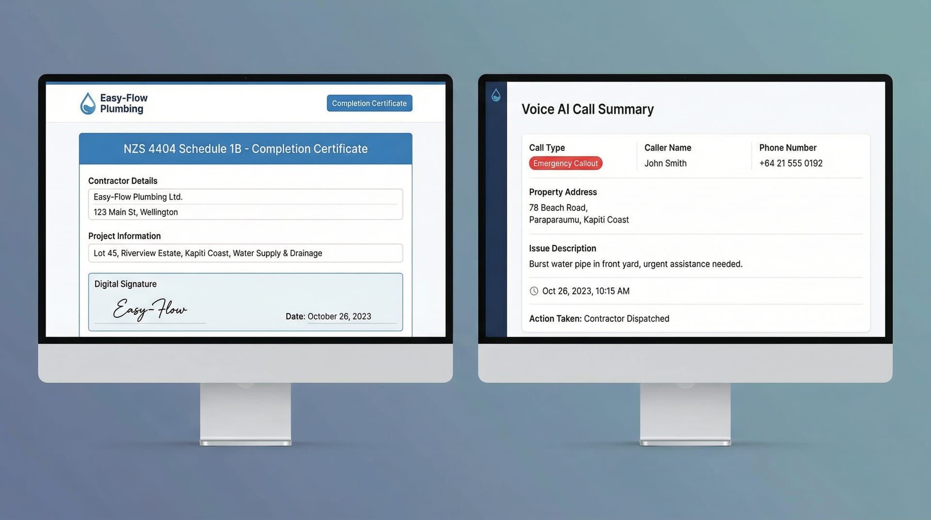 Side-by-side view of completed Schedule 1B form and voice AI call summary