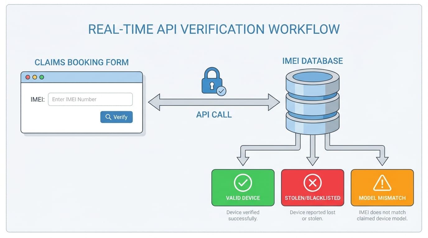 Diagram showing real-time IMEI API verification integrated into the FileMaker claims booking workflow