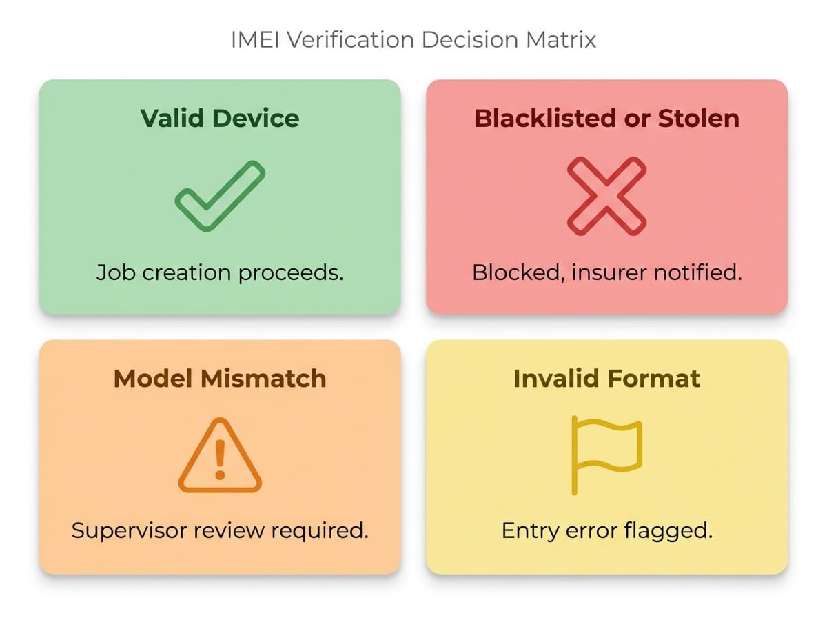 Reference matrix showing the four IMEI verification outcomes and their corresponding responses